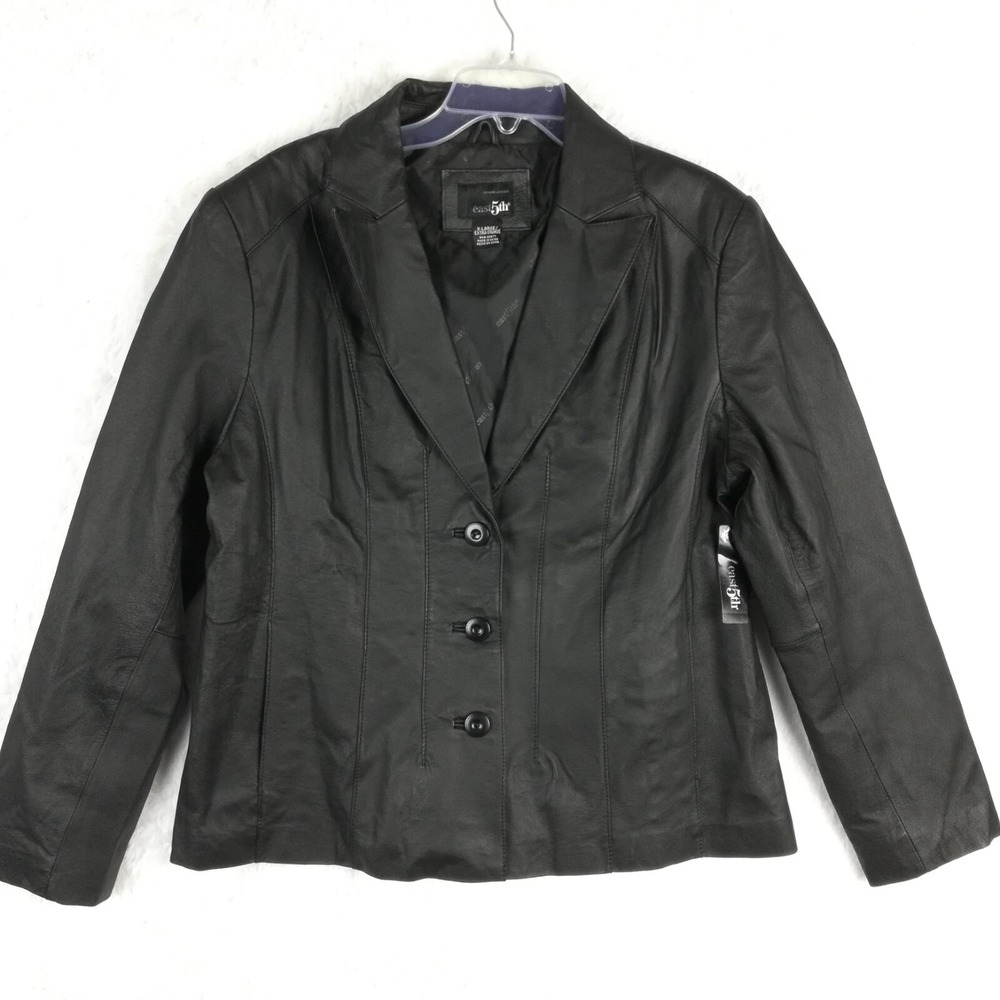 East 5th Womens Jacket Blazer Leather 3 Button Black Lined Long Sleeve XL New